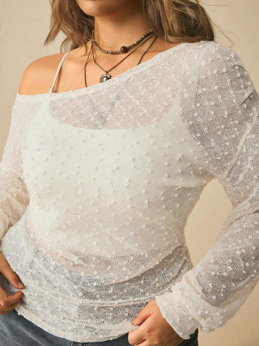 Freevana Women's Plus-Size Apricot Sheer Top, Polka Dot Jacquard Textured , Long-Sleeved, Off-Shoulder Neckline, Stretchy, Spring, Summer And Early Autumn. - White - View 1