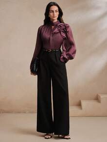 Anewsta Women's Elegant Heavy Embroidery Semi-High Neck Frill Trim Blouse - Purple - View 6
