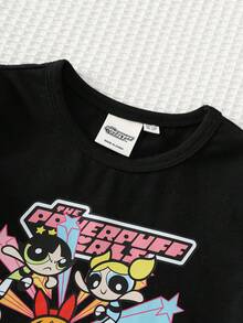 THE POWERPUFF GIRLS X SHEIN 女童少女卡通可愛印花休閒短袖圓領T恤，適合居家、室內、戶外穿著，舒適隨性 - 黑色 - 查看 4