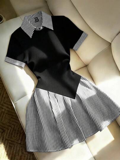 Franclia Gaun Mini Lengan Pendek A-Line Wanita Elegan dengan Kerah Bergaris Biru dan Patchwork, Pinggang Bergaris Elastis Hitam, Gaun Musim Panas, Pakaian Musim Panas Wanita, Gaun Pesta, Gaun Pesta Elegan, Gaun Pantai, Gaun Tamu Pernikahan, Gaun Wisuda, Gaun Elegan Wanita, Gaun Kasual Wanita, Pakaian Liburan Wanita, Pakaian Hari Raya, Gaun Formal, Gaun Sosial, Gaya Y2K, Pakaian Perjalanan Wanita, Pakaian Kantor Wanita, Rok Pendek, Gaun Hitam, Patchwork Bergaris, Gaun Lengan Pendek, Gaun Slim Fit, Slim Fit Elastis, Modis dan Serbaguna