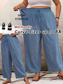 SHEIN CURVE+ Plus Size Women's High Waist Loose Flared Leg Solid Color Ruffle Summer Pants, ,Hoho Vacation - Blue - View 1