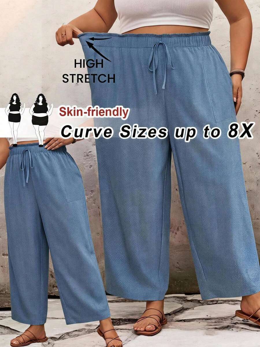 SHEIN CURVE+ Plus Size Women's High Waist Loose Flared Leg Solid Color Ruffle Summer Pants, ,Hoho Vacation - Blue - View 1