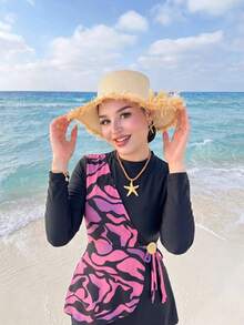 Swim Shayni 女款拼色長袖上衣與喇叭褲布基尼兩件式泳衣套裝，適合夏季度假海灘 - 黑色 - 查看 4