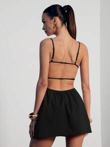Hauture Women's Sexy Casual Office Wear Square Neck Apron Front Dress With Pockets Open Strappy Back - Black - View 5
