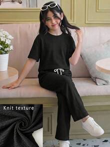 Setelan 2 Potong untuk Anak Perempuan Remaja: Kaos Rajut Hitam Lengan Pendek Leher Bulat dengan Tekstur Bahu Jatuh dan Celana Panjang Longgar, Cocok untuk Pakaian Kasual Sehari-hari, Kembali ke Sekolah, dan Gaya Busana Preppy. - Hitam - View 3