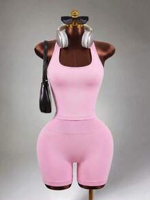 Mistrie Women's Halter Top And High Waist Shorts Yoga Workout Set Pink Set Halter Set Pink Top Sports - Pink - View 5
