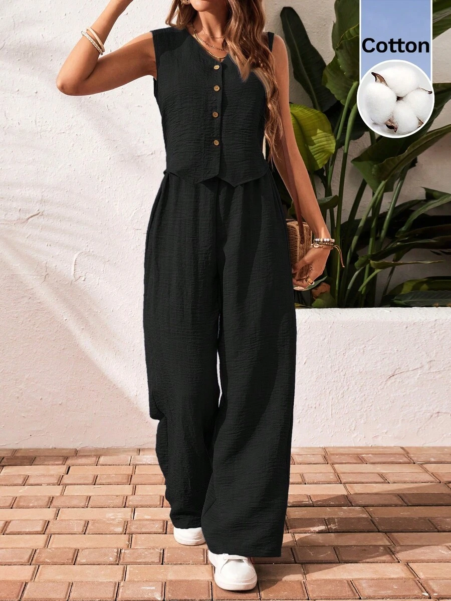 SHEIN Frenchy 女款純色單排扣背心與長褲休閒兩件套 - 黑色 - 查看 1