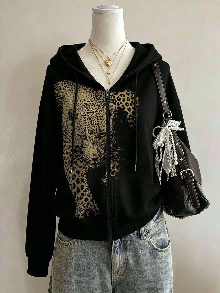 Lalippa Leopard Print Fashion Minimalist Women's Hooded Zip-Up Sweatshirt, Gift For Friends - Black - View 1