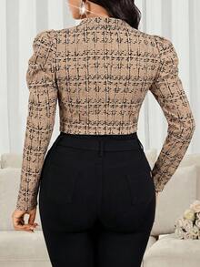 SHEIN Lady 女款優雅商務休閒法式通勤格紋泡泡袖短版薄款夾克套裝 米色 秋季 辦公室晚餐約會 - 卡其色 - 查看 2