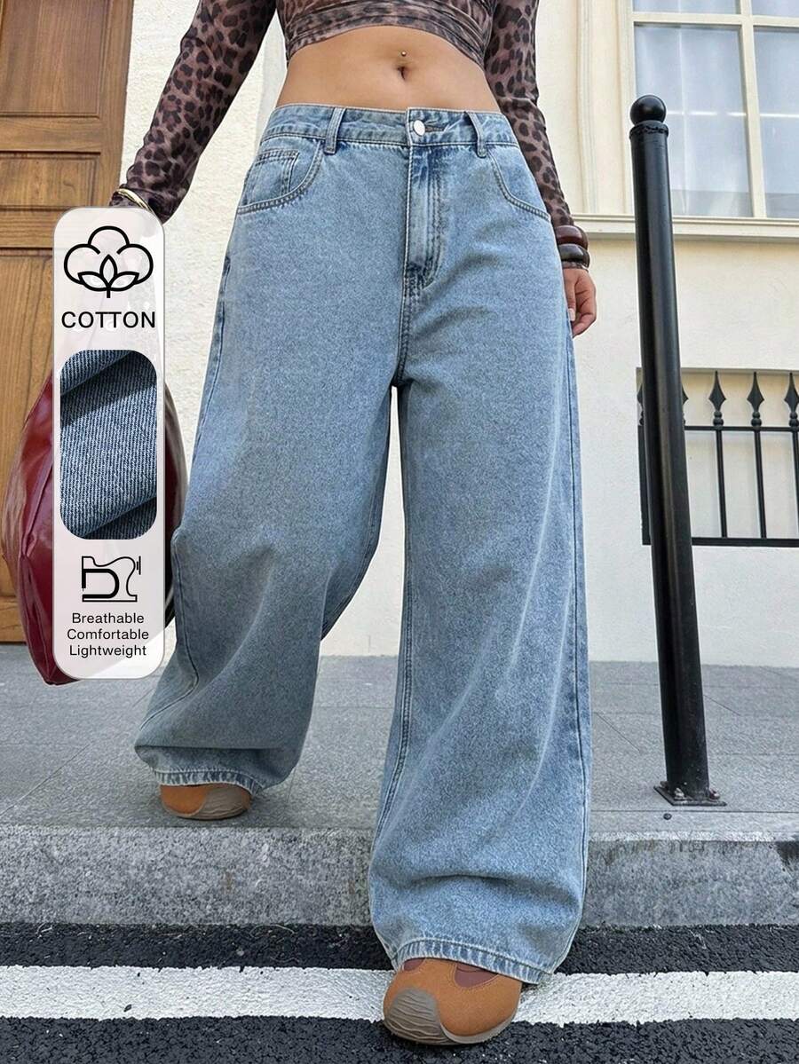 Dazy Plus Plus Size Washed Distressed Ripped Loose Wide Leg Long Denim Jeans - Light Wash - View 1