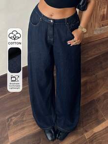 Dazy Plus Dark Wash Blue Loose Wide Leg Street Style Plus Size Women All Season Long Floor-Length Denim Jeans - Dark Wash - View 1