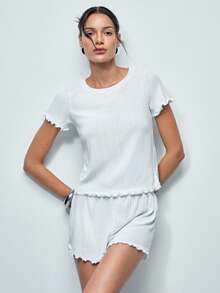 Softvol 2pcs Women European & American Style Jacquard Ruffle Trim Short Sleeve & Shorts Pajama Set, Casual Round Neck Loungewear For Summer - White - View 4