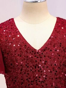 少女休閒優雅返校夏季無袖高腰A字洋裝，彈性針織婚禮派對花童酒紅色 - 酒紅色 - 查看 6