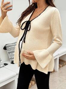 SHEIN Maternity V-Neck Contrast Trim Bow Tie Ruffle Hem Casual Long Sleeve Cardigan,Autumn Outfit For Women Winter - Khaki - View 9