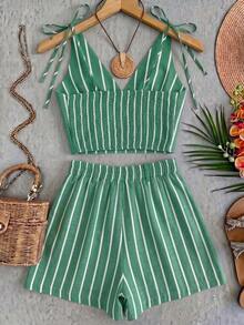 SHEIN Franclia Fashionable Vacation Versatile Striped Set - Green - View 2