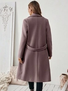 SHEIN 女款純色缺口領時尚百搭日常穿著羊毛大衣 - 紫色 - 查看 2