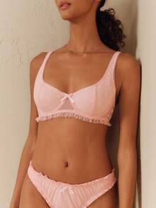 lacRébo Pink Floral Embroidered Mesh Lingerie Set With Underwired Bra And Matching Ruffled Thong Romantic Cute - Pink - View 1