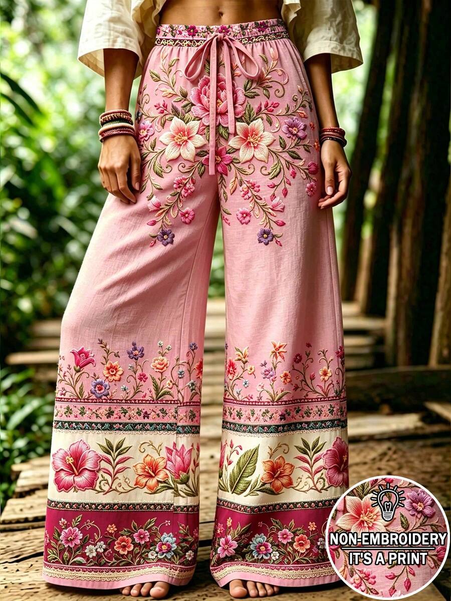Selamara 波希米亞風粉色花卉仿刺繡印花寬腿休閒長褲,森系復古夏季度假旅行 - 彩色 - 查看 1