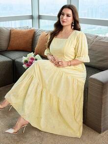 Modelyn Vestido de mujer primavera/verano bordado con textura amarillo pálido cuello cuadrado manga corta talla grande - Amarillo - Ver 1