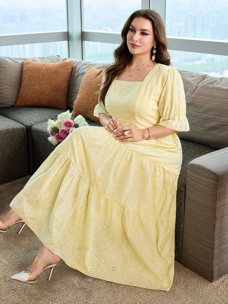 Modelyn Vestido de mujer primavera/verano bordado con textura amarillo pálido cuello cuadrado manga corta talla grande - Amarillo - Ver 1