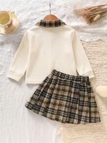 Elladie kids 女嬰女孩童裝 學院風 Old Money 可愛 Y2K 格紋字母華夫格長袖 Polo 上衣＋裙子 2 件套 秋季套裝 米白色/棕色 - 卡其色 - 查看 3