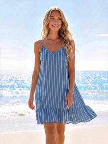 Sylviya Women's Printed Mini Ruffle Hem Cami Dress - Blue - View 3