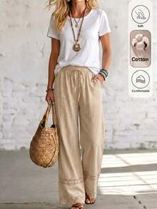 Isle Nomé Women's Spring/Summer Cotton Blend Loose Lace Patchwork Wide Leg Long Pants, Suitable For Beach Vacation, Travel, Daily Wear And Home - Khaki - View 3