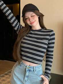 DAZY 春秋配色拼接條紋格紋商務休閒街頭風長袖女款T恤上衣圖案T恤 - 黑色 - 查看 7