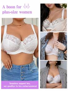 LustreForm Plus Size White Underwire Lace Patchwork Embroidered Comfortable Wide Strap Thin Bottom Push-Up Bra 1pc - White - View 8