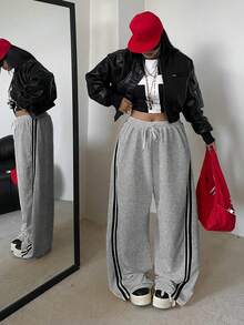 POPSWAY Plus Size Slouchy Sports Style Yellow Striped Sweatpants For Women, High Waist Drawstring Loose Wide Leg Pants, Autumn 2025 - Light Grey - View 1