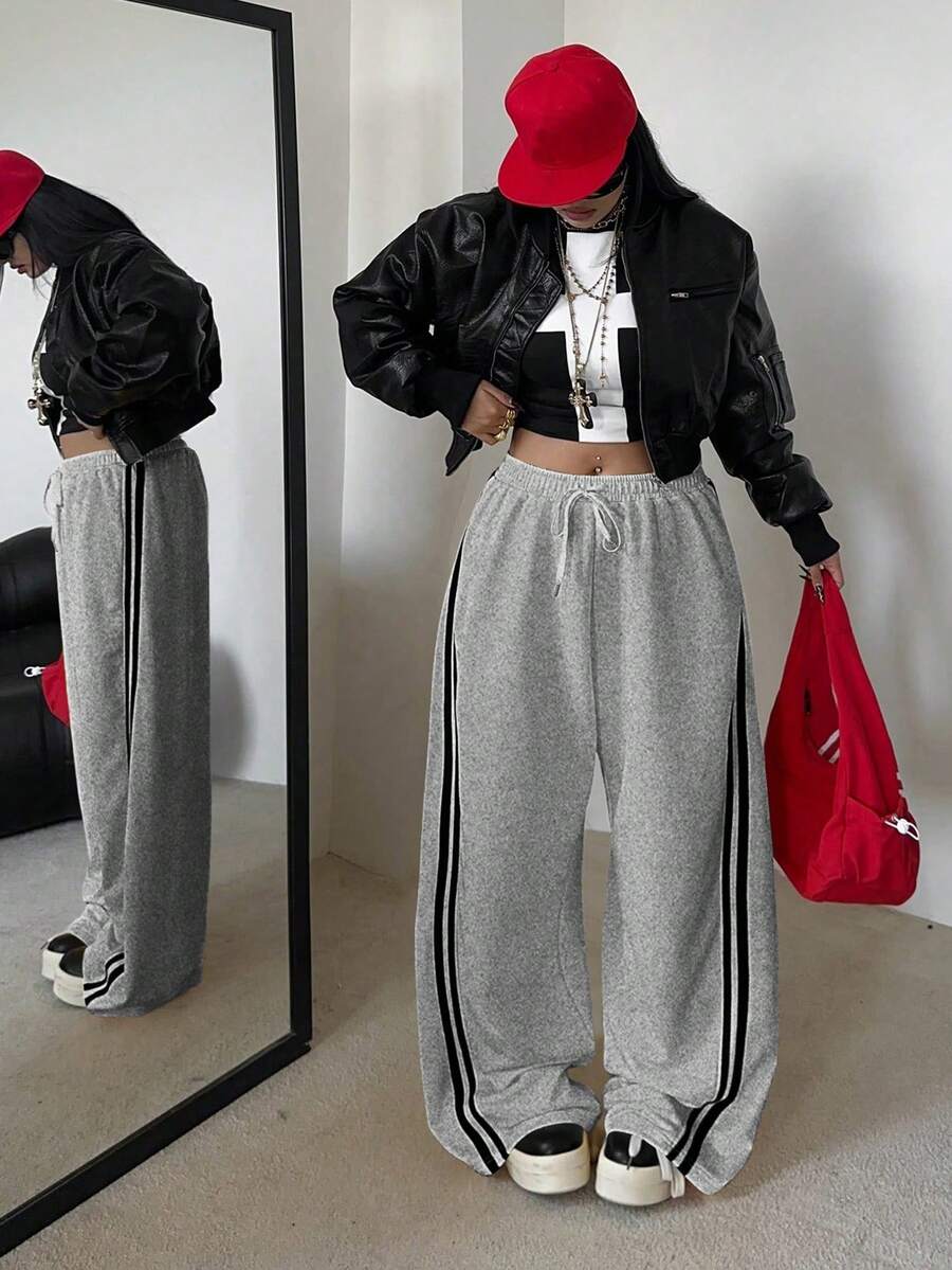 POPSWAY Plus Size Slouchy Sports Style Yellow Striped Sweatpants For Women, High Waist Drawstring Loose Wide Leg Pants, Autumn 2025 - Light Grey - View 1