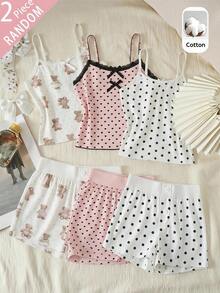SHEIN Tween女孩蝴蝶結裝飾細肩帶上衣與短褲休閒日常套裝 - 紫色 - 查看 7