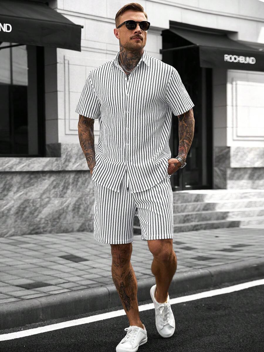 Manfinity CasualCool 男士條紋短袖襯衫套裝 - 彩色 - 查看 1