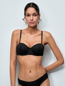 Softvol 1pc Women's Comfortable Soft Cotton Wireless Half-Cup Lift Bra, Suitable For Small Bust - Black - View 3