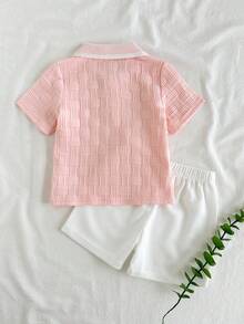 SHEIN Vintaside Kids 男嬰夏季領口短袖簡約休閒套裝，搭配百搭時尚白色短褲，適合日常休閒、公園散步或旅行度假 - 粉色 - 查看 2