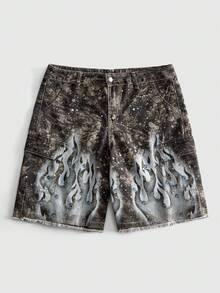 ROMWE MEN Street Life Button Pocket Flame Print Denim Shorts - Black - View 1