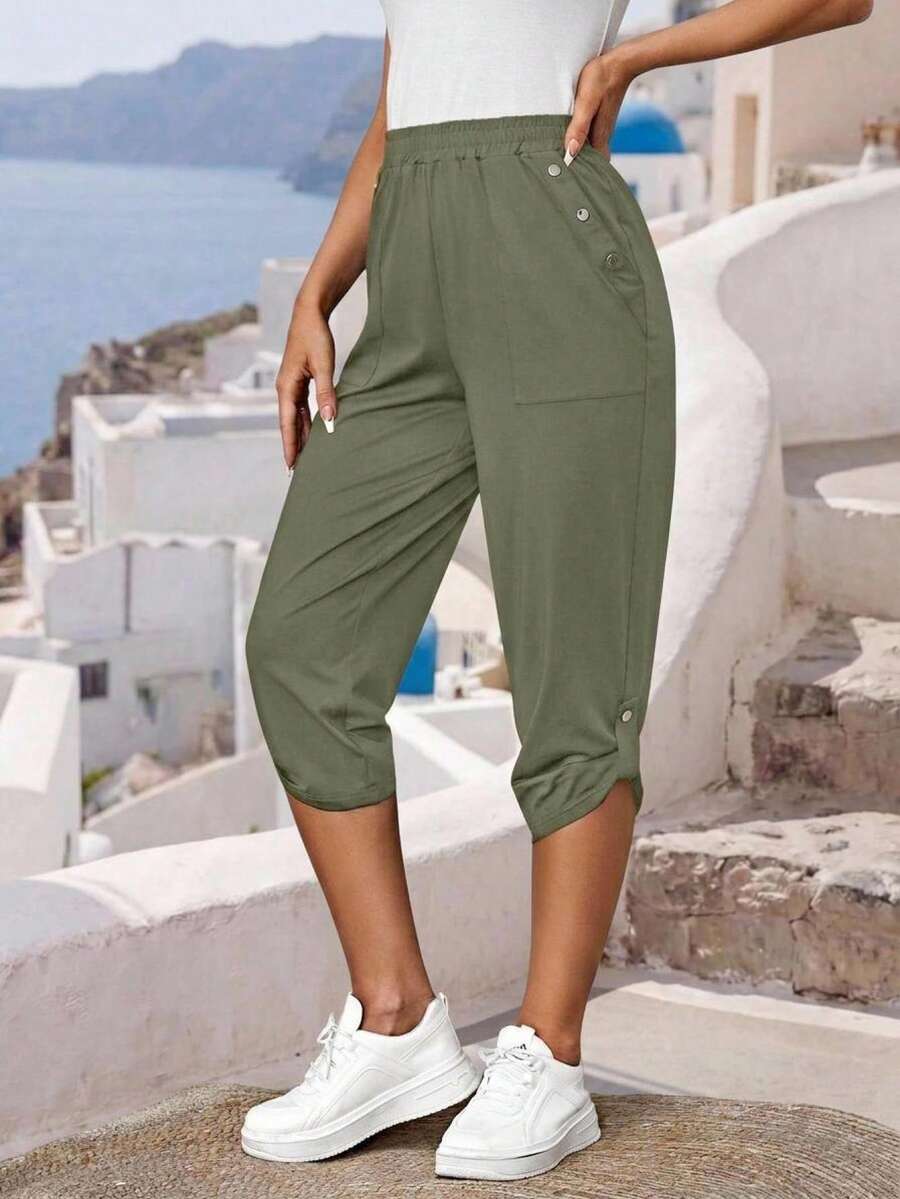 Faunlyn 素色紐扣細節七分褲 - 軍綠色 - 查看 1