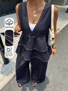 Dazy Plus Women's Sleeveless Tank Top Layered Ruffle Hem Elastic Waist Wide Leg Pants Denim Set Urban Casual Outerwear Spring Summer Date Night Navy Blue - Dark Wash - View 1