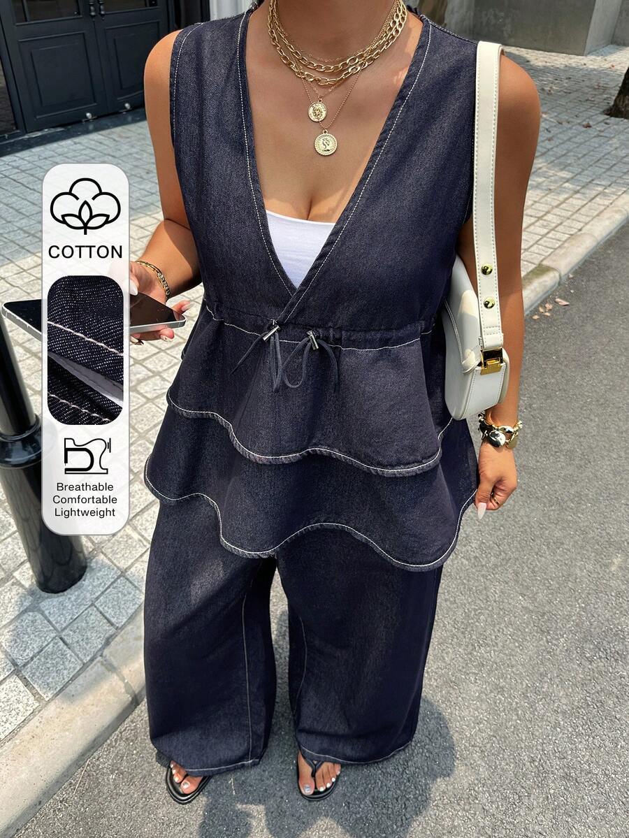 Dazy Plus Women's Sleeveless Tank Top Layered Ruffle Hem Elastic Waist Wide Leg Pants Denim Set Urban Casual Outerwear Spring Summer Date Night Navy Blue - Dark Wash - View 1