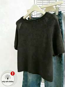 SHEIN Blusa de punto de cuello redondo de manga corta clásica - Gris Oscuro - Ver 2