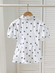 SHEIN 條紋前開鈕扣短袖休閒襯衫，燈籠袖，蝴蝶結抽褶腰部，A字版型，適合女孩夏季、通勤、度假 - 白色 - 查看 2