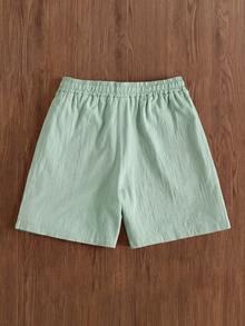 Manfinity Hypemode Men's Solid Color Cotton Elastic Waist Drawstring Loose Casual Linen Shorts For Men Beach Vacation Green Shorts Summer Drawstring Shorts - Mint Green - View 3