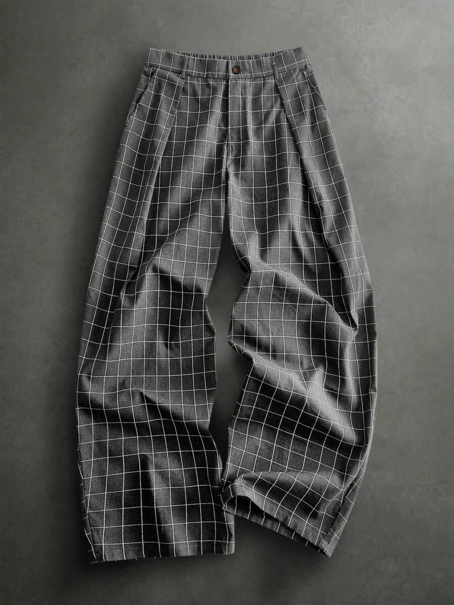 Manfinity VCAY Men's Grey Plaid High-Waisted Pleated Wide-Leg Trousers With Clean Front Drape. Structured Flowing Silhouette Mid-Weight Suiting Blend. Quiet Luxury - Dark Grey - View 1
