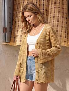 Vivid Eden Plus Size Women's Solid Color Drop Shoulder Long Sleeve Hollow Out Thin Cardigan Dates Formal Wedding Guest Vacation Beige Autumn Soft Bohemian Casual - Khaki - View 6