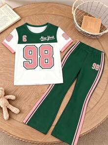 少女 T-shirt 套裝，美式復古運動造型，98 號印花短袖 + 粉色滾邊喇叭褲，甜酷休閒，舒適百搭 - 彩色 - 查看 3