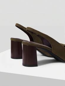 Mnmlis Spring And Summer Simple Slingback Design Pointed Toe Thick Heel, Retro Suede Dark Brown Shoes Commuting Dating - Brown - View 4