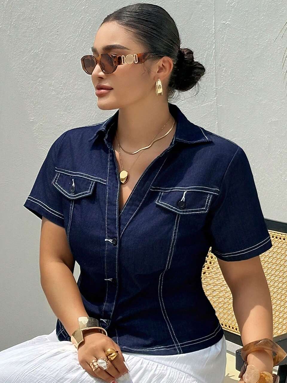Dazy Plus Sexy Cropped Denim Top With Lapel And Split Line, Slimming Street Style Short Sleeve Shirt For Women, Spring/Summer
