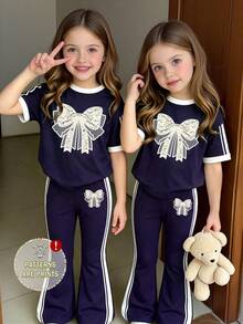 Girls Cute Fresh Minimalist Lace Bow Contrast Color Striped Pattern Basic Short T-Shirt And Flared Pants Set, Comfortable Everyday Outfit - Multicolor - View 6
