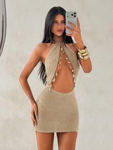 Aloruh Women's Summer New Brown Elegant Sexy Minimalist Beach Vacation Romantic Date Party Outing Hot Girl Y2K Knit Round Metal Halter Shell Tassel Patchwork Hollow Out Mini Dress - Beige - View 6
