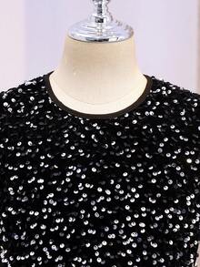 SHEIN Gaun Panjang Model A-Line Lengan Puff Jala Kontras Hitam untuk Remaja Perempuan, Pakaian Elegan untuk Kembali ke Sekolah - Hitam - View 3